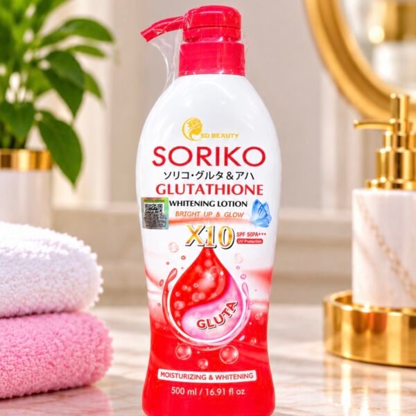 SORIKO Gluta 10X Lotion is a moisturizing body lotion enriched with Glutathione to help nourish the skin while supporting a soft, smooth, hydrated, and radiant-looking complexion.